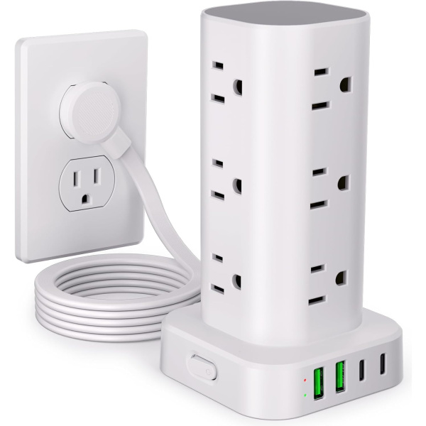 Power Strip Tower with Multiple Outlets, Flat Plug Surge Protector Tower